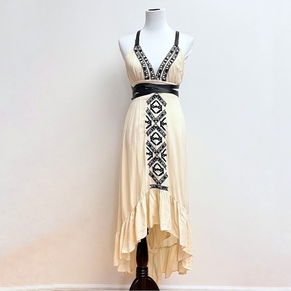 Twelfth Street Edgy Boho Leather Strappy Embroidered cream Cascading Maxi Dress - Picture 1 of 14